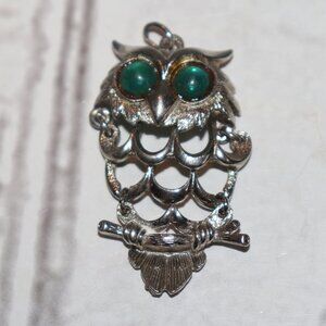 Beautiful vintage silver owl pendant with green eyes 2"